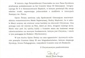 BŁOGOSŁAWIEŃSTWO OJCA ŚWIĘTEGO  DLA ZESPOŁU SZKÓŁ INTEGRACYJNYCH
