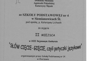 II miejsce w konkursie "SŁÓW CIĘCIE - GIĘCIE czyli potyczki językowe"- Szkoła Podstawowa nr 4